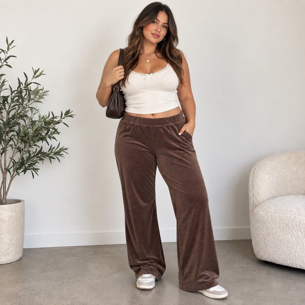 Croft & Barrow Womens XL Brown Velour Y2K Wide Leg Lounge Soft Cozy Pants